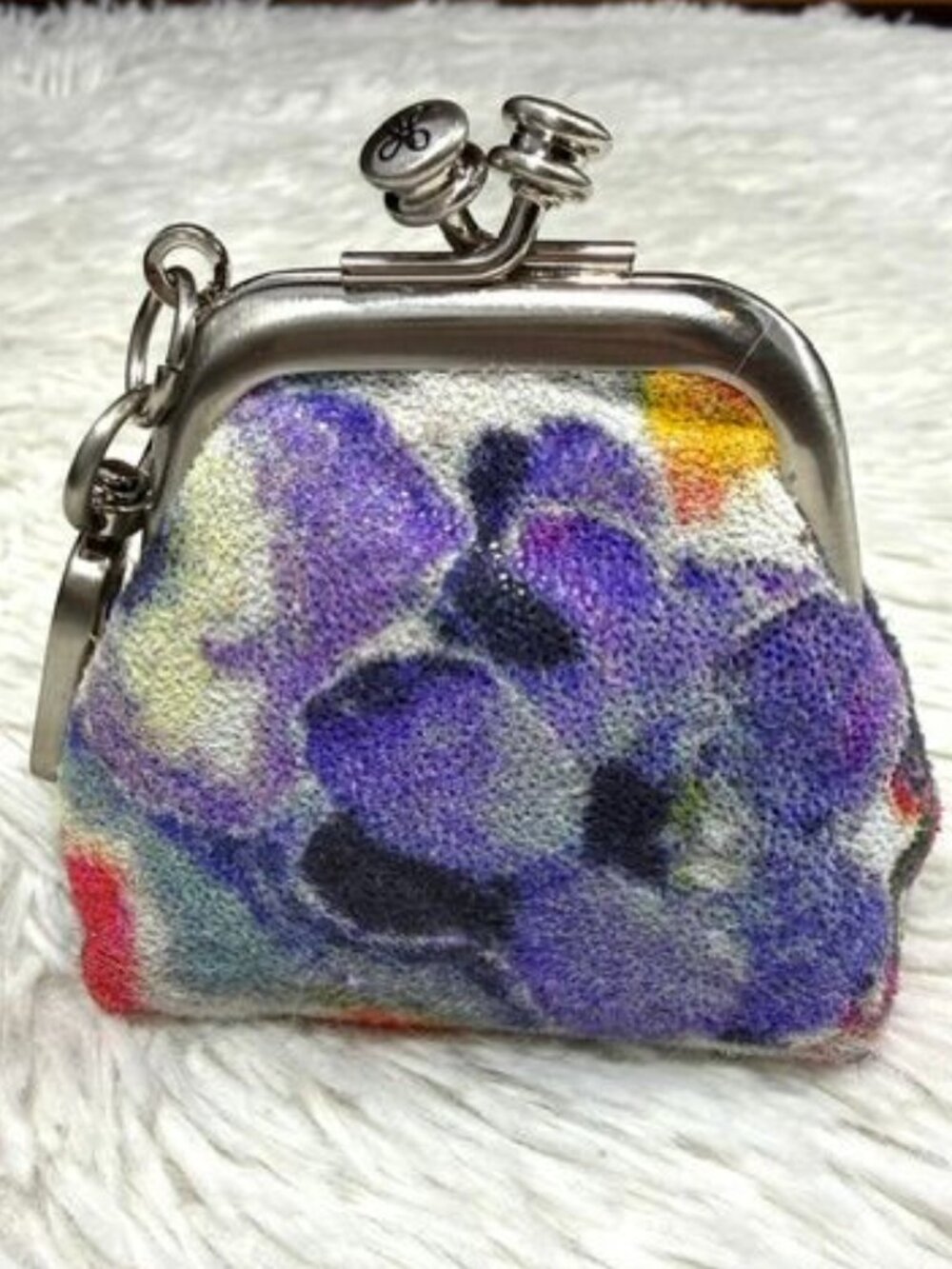 HOBO Genuine Leather Shimmer Finish Floral Kisslock Coin Purse Bag Fob Key Chain - Picture 2 of 9